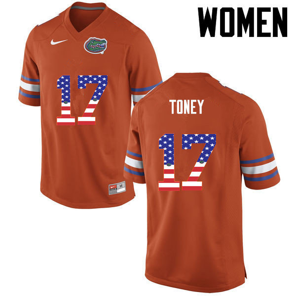 Women Florida Gators #17 Kadarius Toney College Football USA Flag Fashion Jerseys-Orange - Click Image to Close